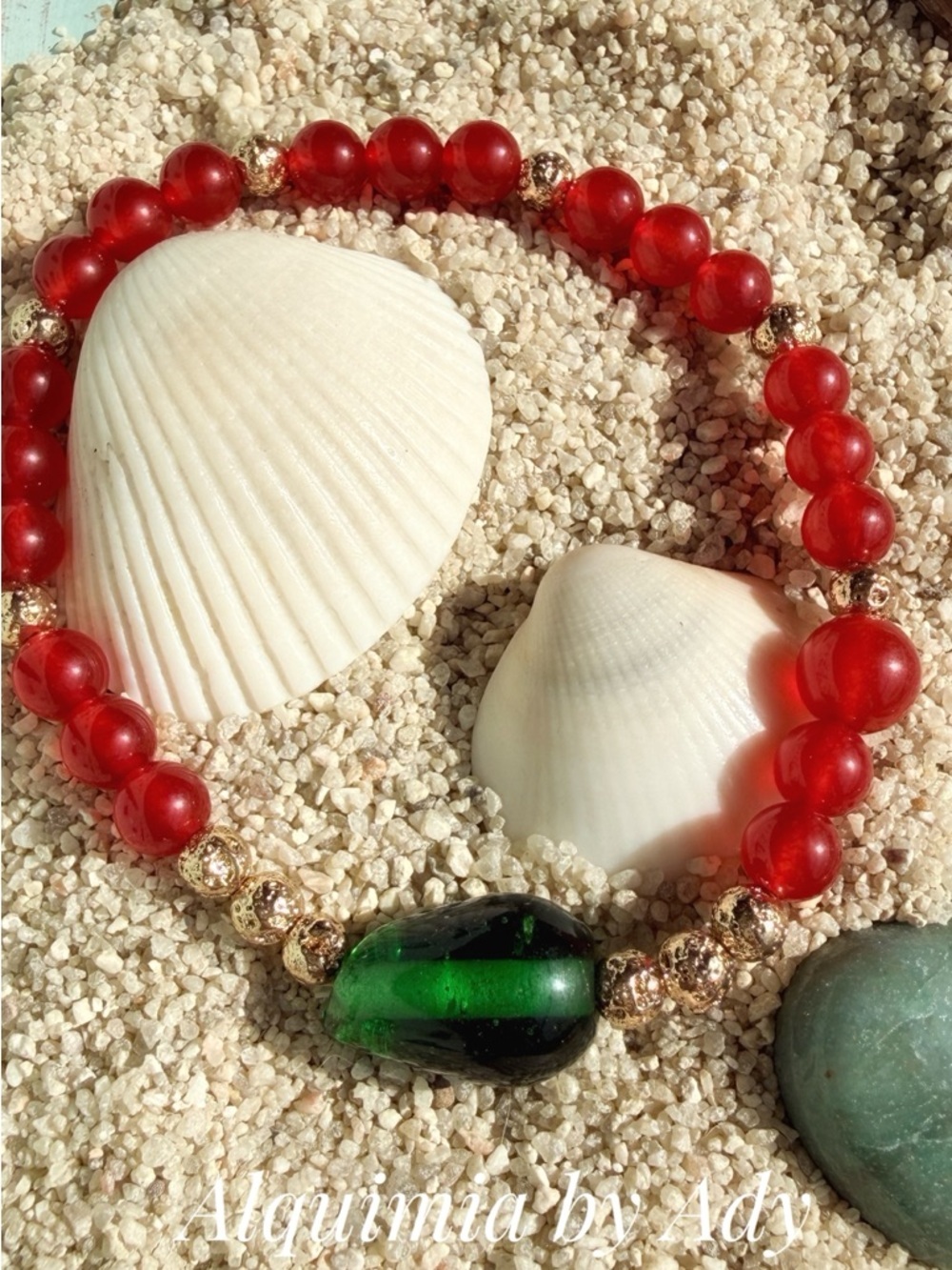 UNTREATED RUBY FOR MOM 🧑 Red Faceted Bead Bracelet with green Accent